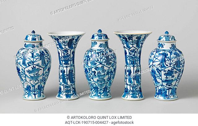 Garniture with two beaker vases and three covered jars with Chinese ladies and flower pots in panels, Porcelain castel consisting of two cup vases and three lid...