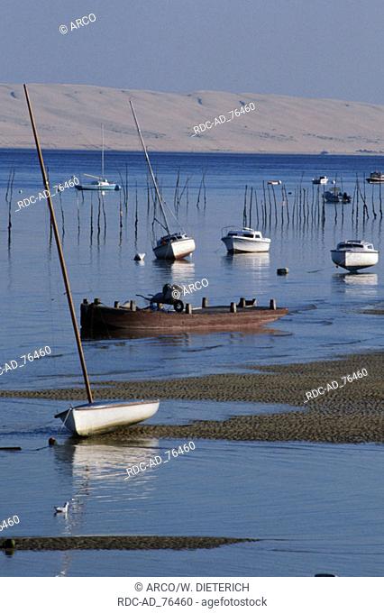 Boats at low tide and view on Dune de Pilat Bassin d'Arcachon Aquitania France