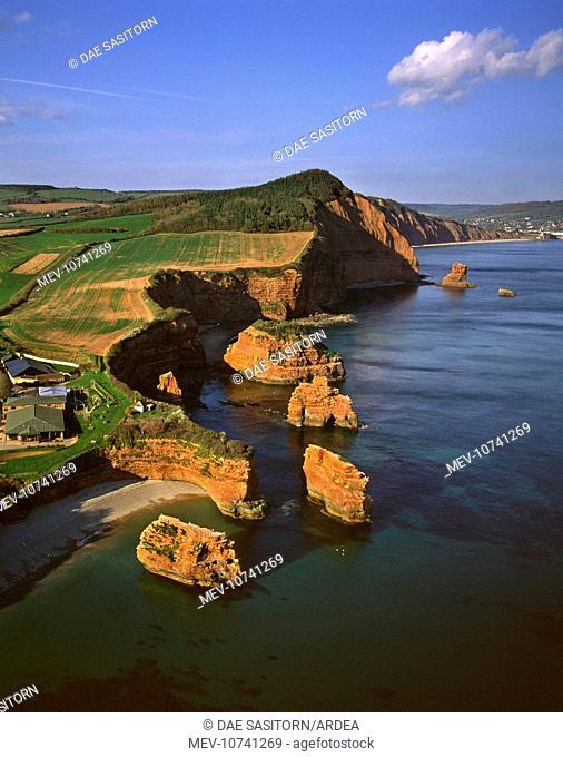 England - Aerial view of red Permian sandstone stacks and crags with evocative names such as Tower of Babel, the Razor and the Lost World