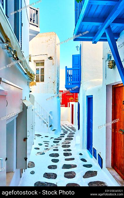 Greece, Mykonos island. Picturesque street in Chora town with greek traditional houses
