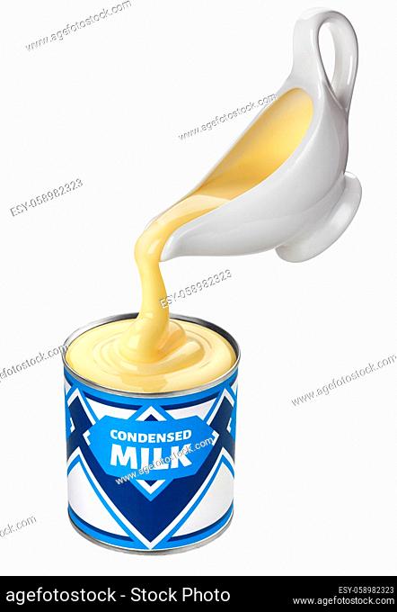 Pouring condensed milk in can isolated on white background with clipping path