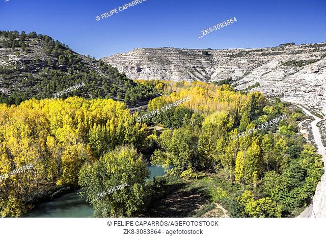 Panoramic view of the valley of the river Jucar during autumn, take in Alcala del Jucar, Albacete province, Spain