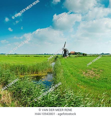 Netherlands, Holland, Europe, Workum, Draining-mill, windmill, field, meadow, summer