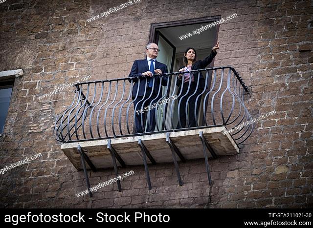 The new mayor of Rome Roberto Gualtieri, the outgoing mayor of Rome Virginia Raggi overlooking the balcony of the Campidoglio during the handover , Rome