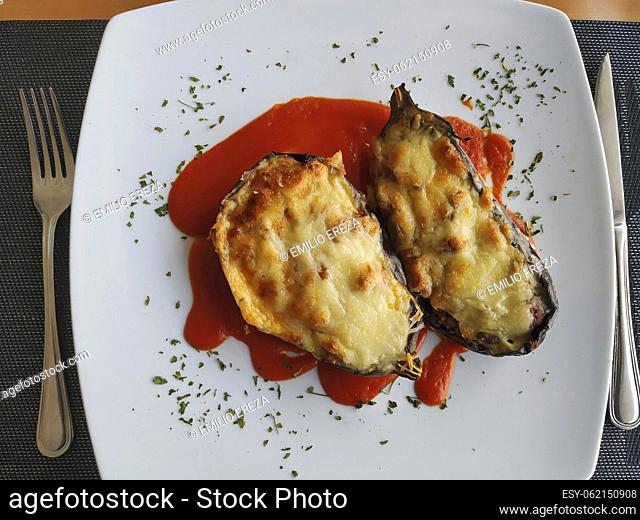 Filled aubergines at a restaurant