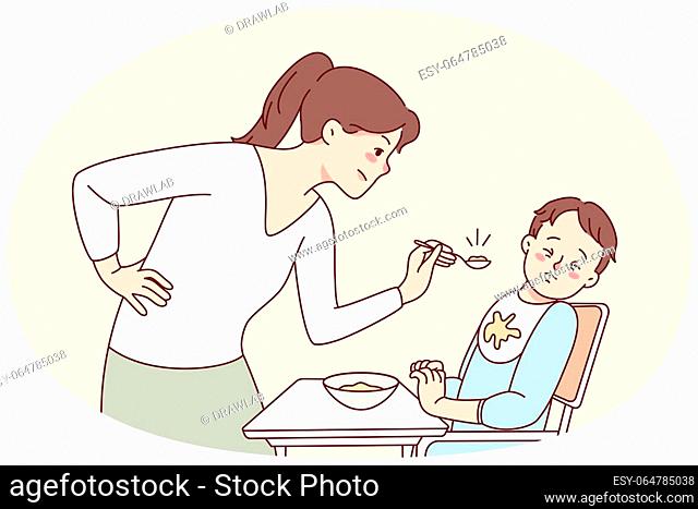 Stubborn baby refuse eating food. Mother feed ill-behaved toddler at home. Parenthood and children upbringing problems. Vector illustration