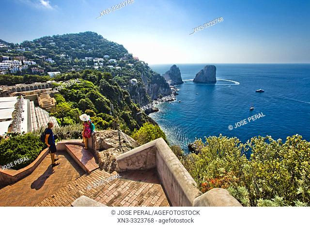 Faraglioni, famous giant rocks view from Gardens of Augustus, Giardini di Augusto, Capri town, Capri Island, Campania region, Tyrrhenian Sea, Italy, Europe