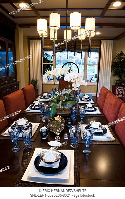 View down dining table with several place settings