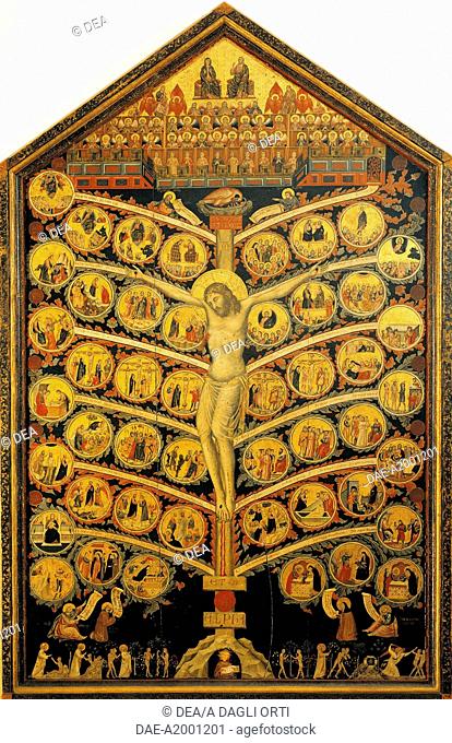 The Tree of Life, ca 1310, by Pacino di Buonaguida (active 1303-1338), tempera on wood, 248x150 cm.  Florence, Galleria Dell'Accademia (Art Museum)