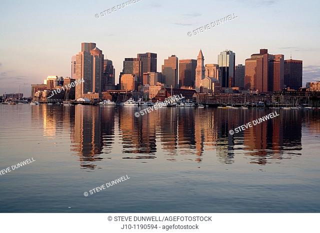 Harbor skyline at sunrise from East Boston, Massachusetts, USA