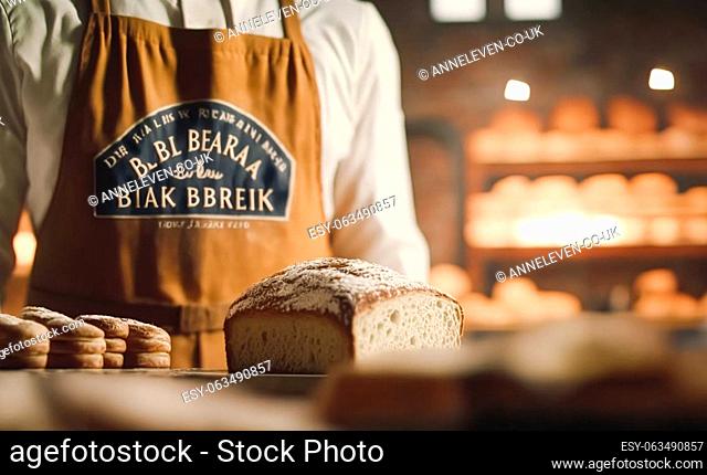 Baker baking fresh bread and pastry in the old town bakery in the morning, hot freshly baked products on shelves and the oven