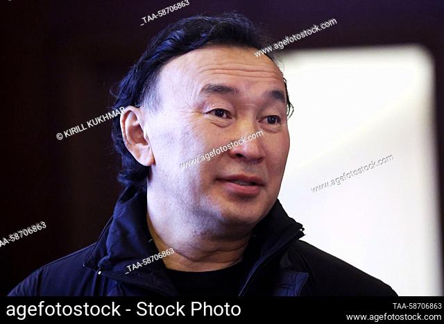 RUSSIA, KYZYL - APRIL 28, 2023: Sculptor Dashi Namdakov attends the opening of the Tubten Shedrub Ling monastery, the biggest Buddhist monastery in Russia