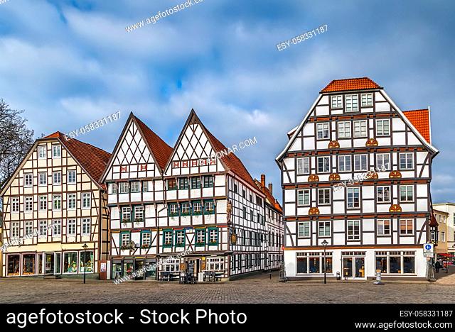 Market square with decorative half-timbered houses in Soest, Germany