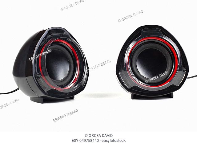 Two black speakers with red circle isolated on white background