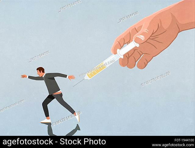Large hand with vaccine syringe chasing running man
