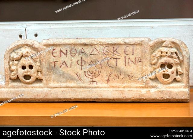 A funerary slab in the baths of Diocletian in Rome. Italy