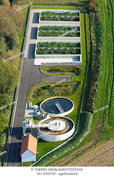 France, Bas Rhin 67, near Brumath, water sewage treatment plant aerial view