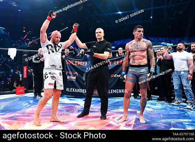 RUSSIA, YEKATERINBURG - DECEMBER 15, 2023: Alexander Shlemenko (L) of Russia wins his middleweight bout against Aleksandar Ilic of Serbia at the RCC 17...