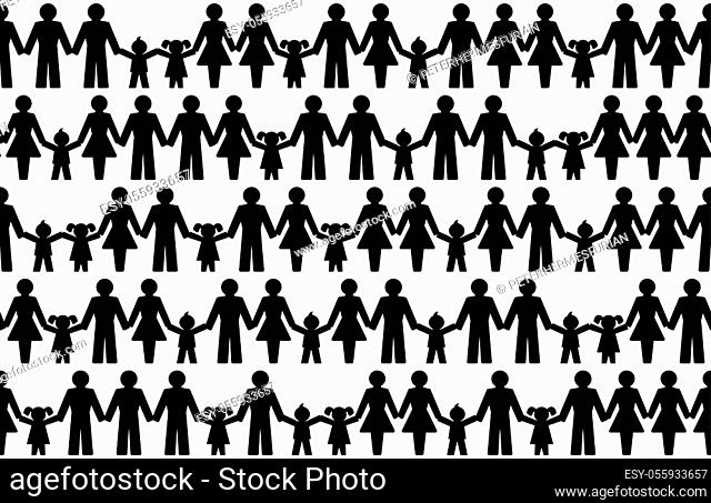 Pictograms of people holding hands, seamless tile. Abstract symbols of connected men, women and children expressing friendship, love and harmony