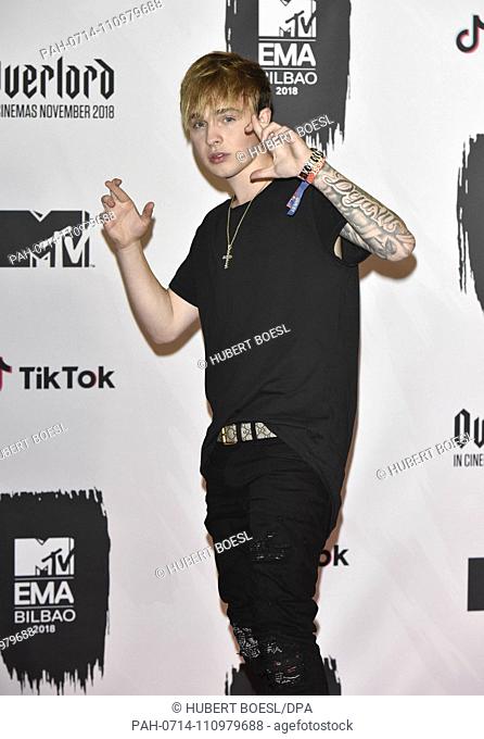 Best German Act winner Mike Singer poses in the press room of the 2018 MTV EMAs, Europe Music Awards, at Bizkaia Arena in Bilbao Exhibition Centre (BEC) in...