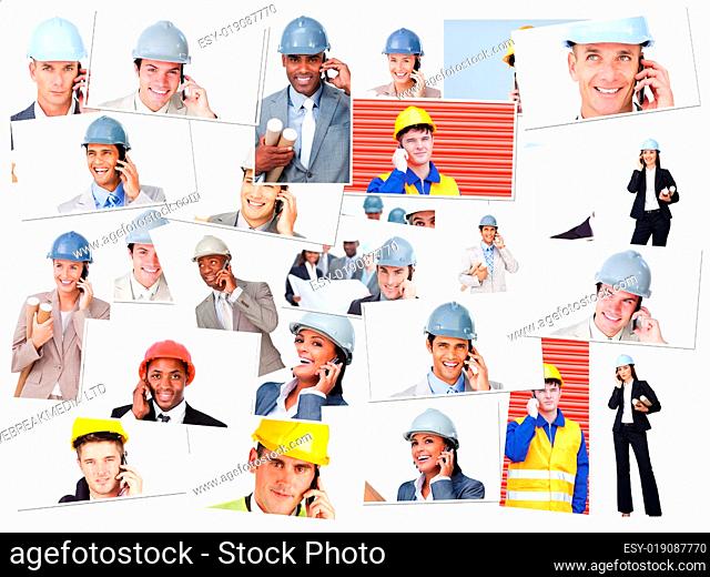 Collage of business people phoning while being on the field