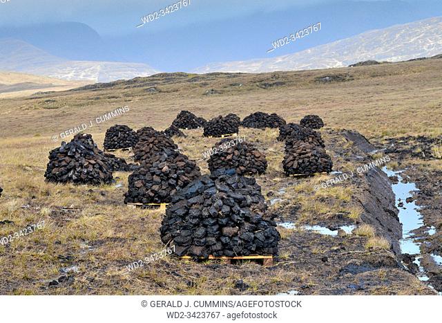Ireland Galway, 2018 - Bogland in Ireland, with piles of turf drying under the sun and used as fule in winter