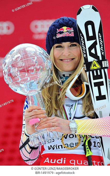 Lindsey Vonn, with the Overall World Cup Crystal Ball, award ceremony, FIS World Cup Final, 2010, Garmisch-Partenkirchen, Bavaria, Germany, Europe