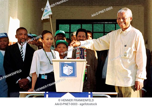 Nelson Mandela votes for the first time in South Africa's first multiracial elections at a township on the outskirts of Durban, KwaZulu Natal 1994