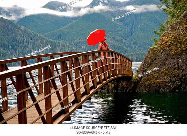 Woman with umbrella on wooden bridge