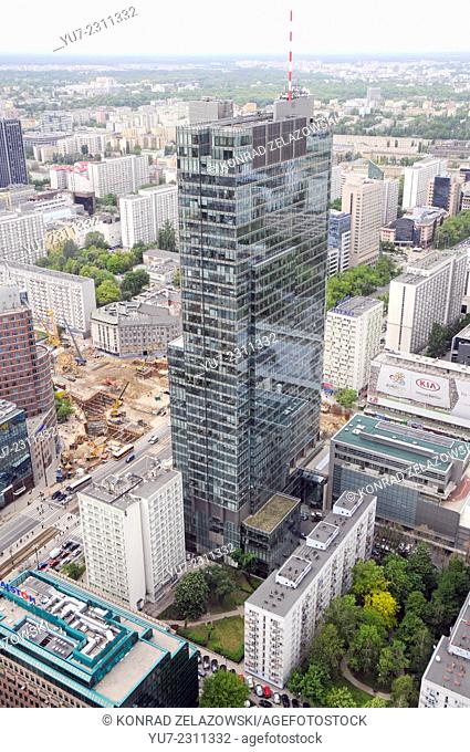 House of flats in Warsaw centre, Poland, aerial view with Rondo 1 office building on the right - view from Zlota 44 building