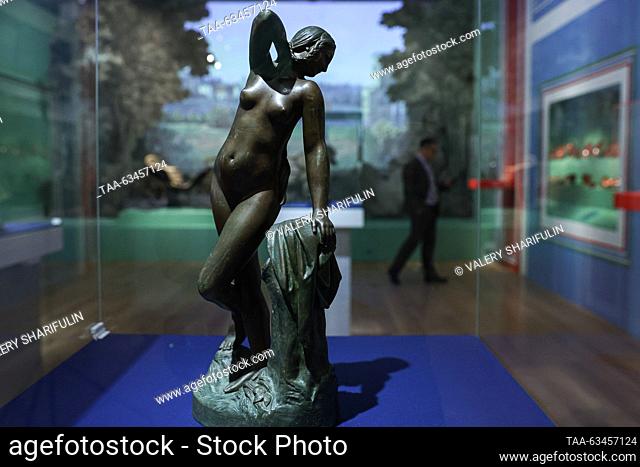 RUSSIA, MOSCOW - OCTOBER 17, 2023: Bather (1841) by French sculptor Jean-Francois-Theodore Gechter is on display at an exhibition titled ""Peterhof