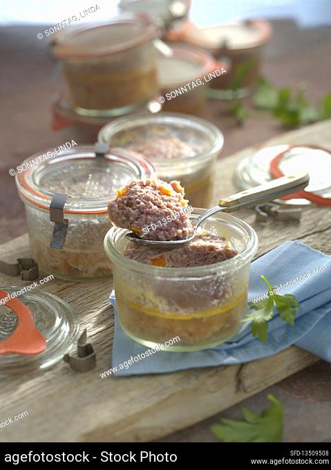 Preserved spiced minced meat in jars