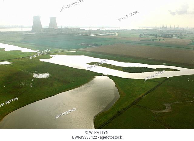 aerial view to polder and nuclear power station, Netherlands, Zeeuws Vlaanderen