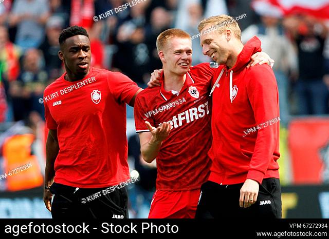 Antwerp's Arthur Vermeeren celebrates after scoring the 3-2 goal giving the victory to Antwerp in the last minute of the additional time during a soccer match...