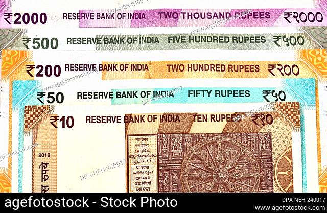 New Indian currency of 2000, 500, 200, 50 and 10 rupee notes