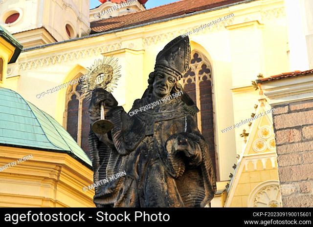 Czech town of Zatec (on the photo of October 1st, 2020, Church of the Assumption of the Virgin Mary in Zatec), landscape of Zatec hops are part of World...