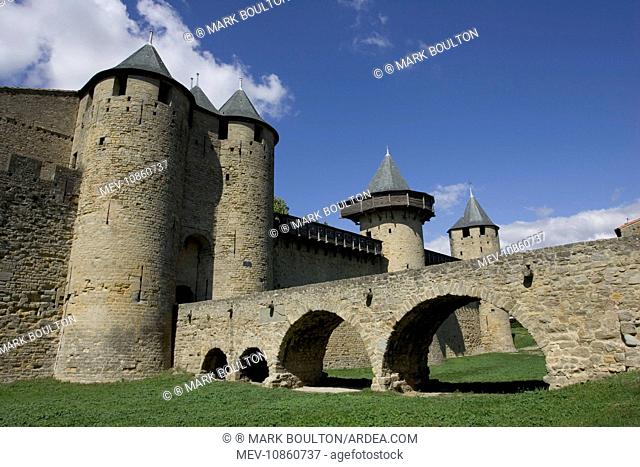 Carcassonne - Inner fortifications of ancient city, which is now a UNESCO World Heritage Site. Carcassonne, southern France