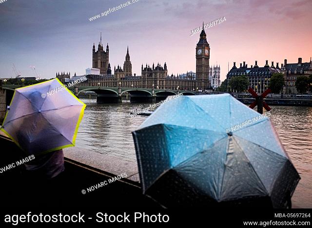 Westminster Bridge, Big Ben and Palace of Westminster in rainy weather, London, Great Britain