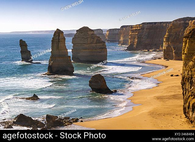 The Twelve Apostles, near Port Campbell in the Port Campbell National Park, Great Ocean Road, Victoria, Australia. The Apostles are limestone stacks formed by...