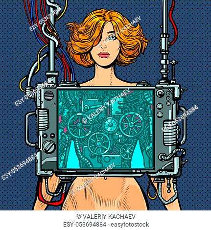 Cyberpunk naked robot woman virtual reality concept. Pop art retro vector illustration drawing vintage kitsch