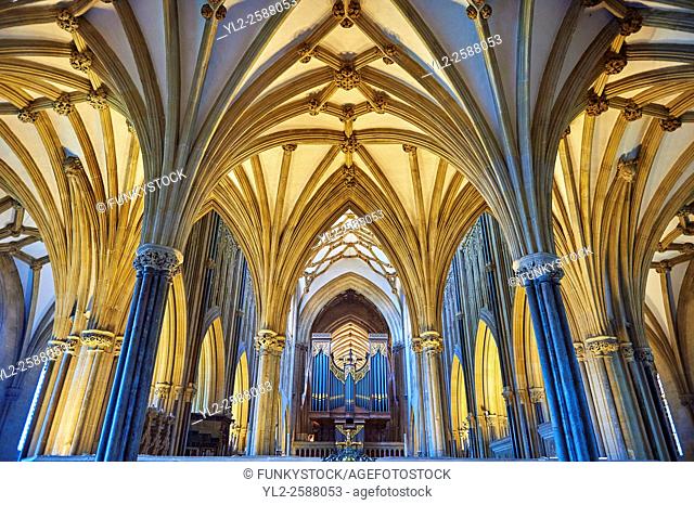 The interior and organ of the medieval Wells Cathedral built in the Early English Gothic style in 1175, Wells Somerset, England