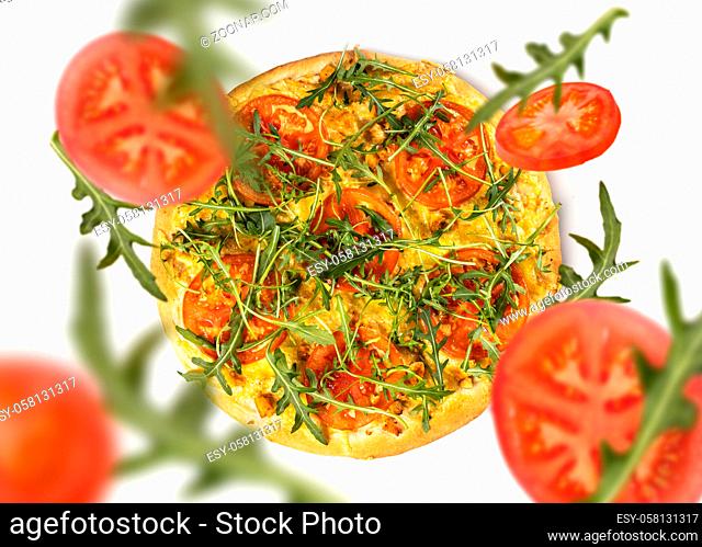 Traditional italian fresh baked pizza with copy space for design or text, ideal for restaurant menu or advertising. Colored background, steamy food
