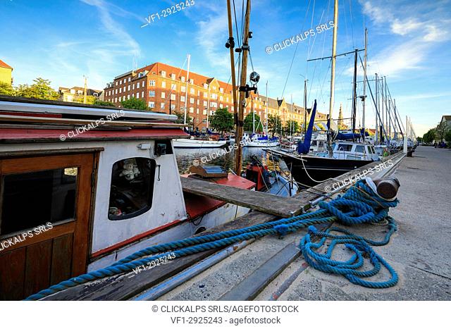 Boats moored in Christianshavn Canal, Copenhagen, Denmark
