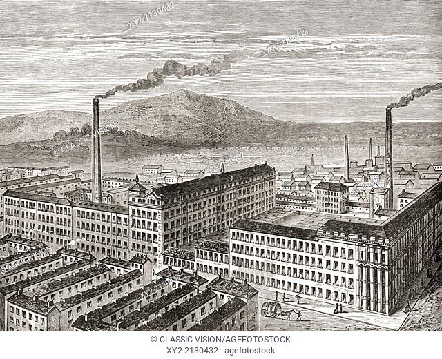 York Street Mill, Belfast, Northern Ireland c.1880. The original cotton mill, founded by Alexander Mullholland, burned down in 1828 and was rebuilt as a flax...
