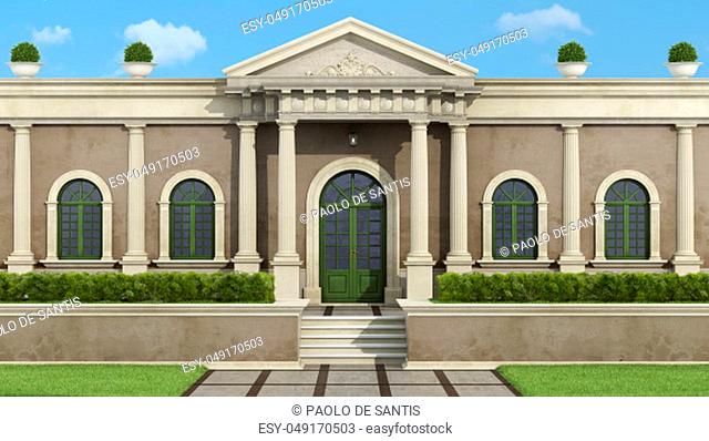 Facade with neoclassical villa with luxury garden garden - 3d rendering