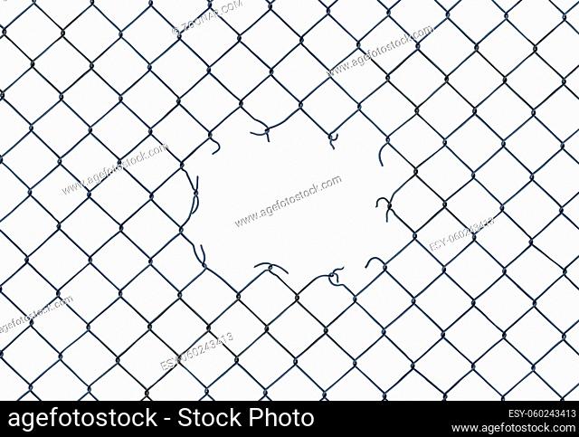 Framing Image Of A Hole In A Chain-Link Fence On A White Background
