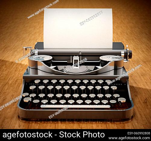 Vintage typewriter with a blank paper on wooden table. 3D illustration