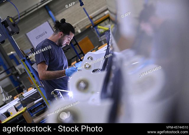 Illustration picture shows the production hall of aerospace company Sonaca after the presentation of the European pilot project for the design of the first...