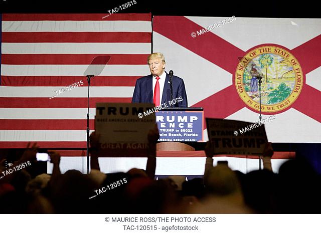 Donald J Trump speaking to supporters at his campaign rally on October 13, 2016 at the South Florida Fair Grounds in West Palm Beach Florida