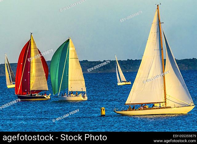 Wednesday Evening Races Rounding the Yellow Buoy Colorful Sailboats Spinnakers Racing Padanaram Harbor Buzzards Bay Dartmouth Masschusetts